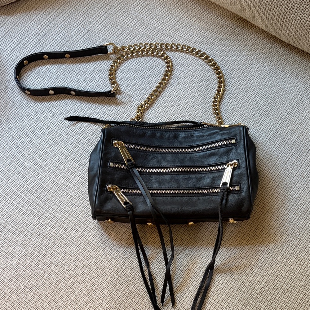 Rebecca Minkoff Black Leather Crossbody Bag with Gold Chain